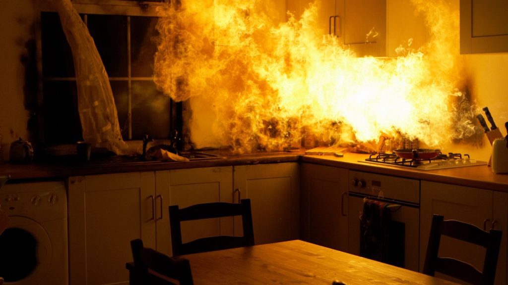 A fire breaks out in a kitchen