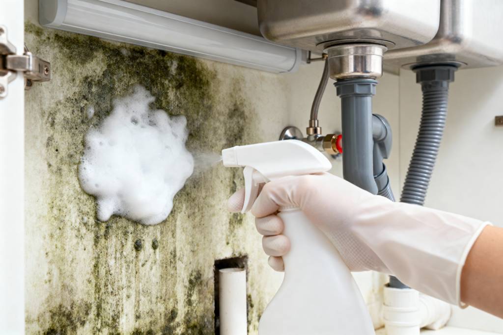 A gloved hand spraying soap onto mold under a kitchen sink.