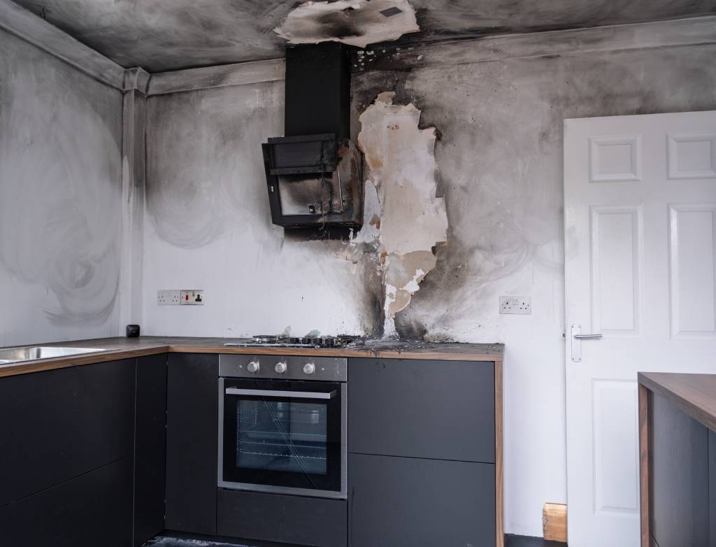 Fire damage in a kitchen.