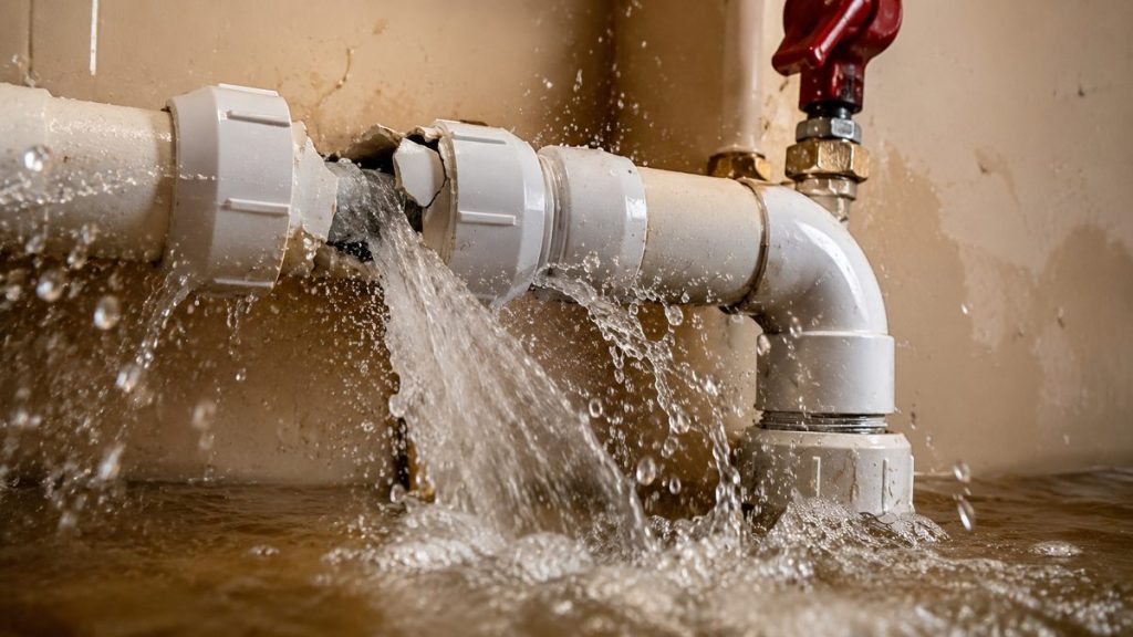 Burst pipe leaking water in a home plumbing system