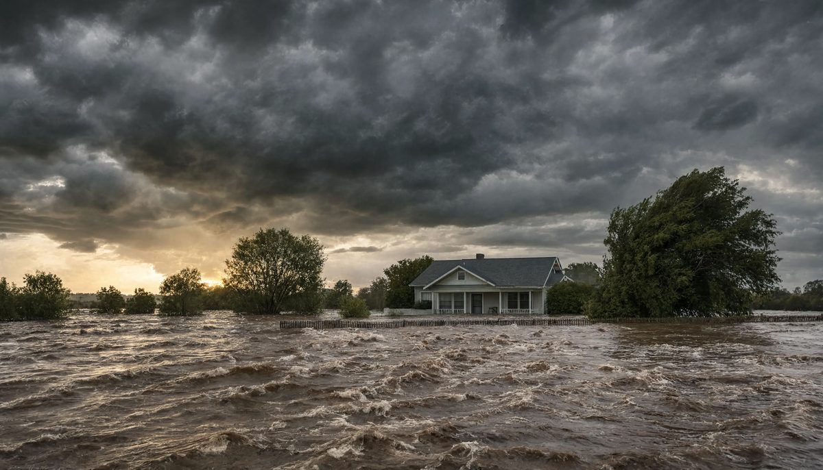 Home surrounded by floodwaters after a heavy storm