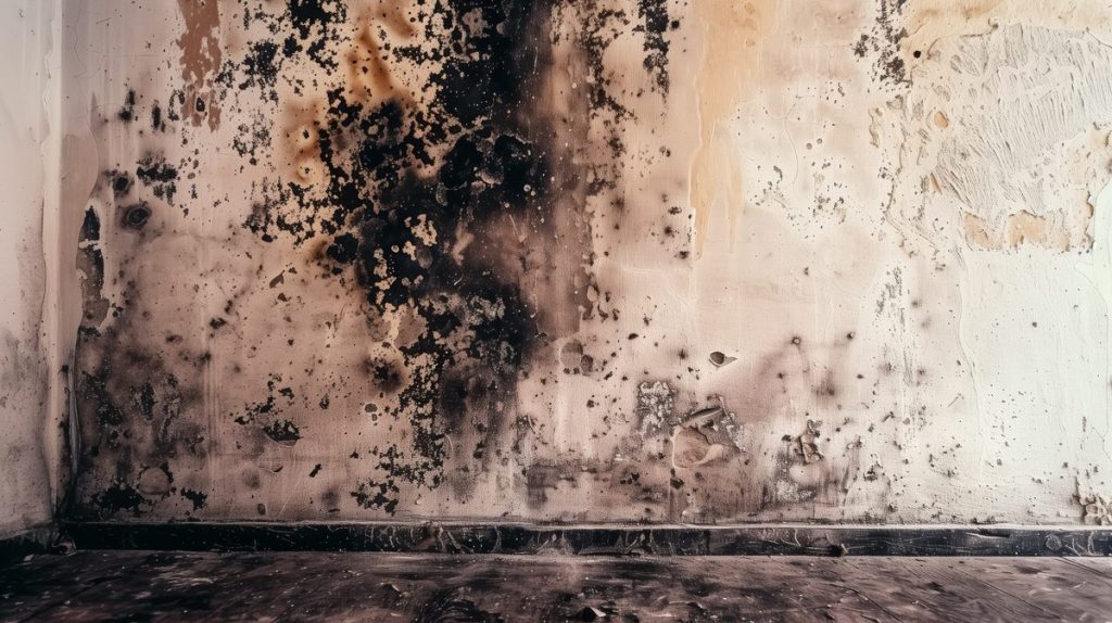 Black mold growth on a wall from water damage