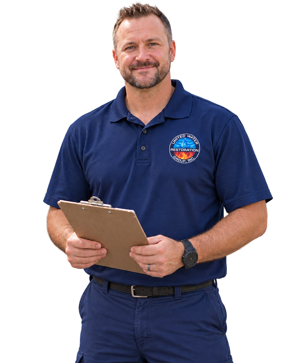 United Water Restoration technician holding a clipboard