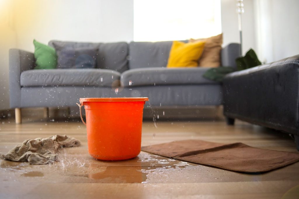 Rainwater dripping from a ceiling into a bucket after a roof leak