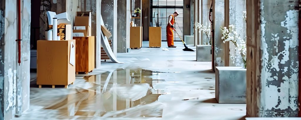 Worker removing standing water from a commercial building floor