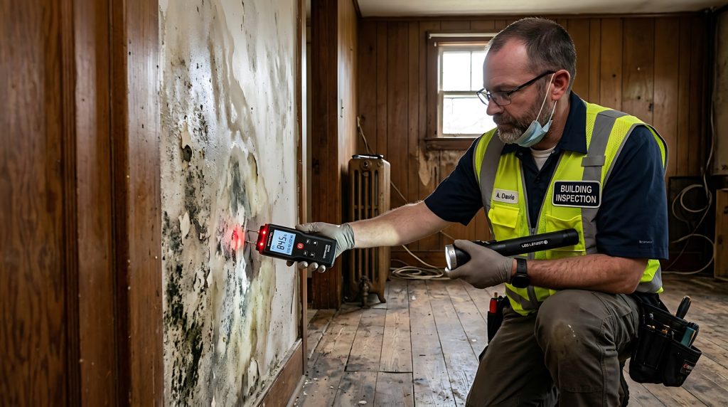 Building inspector measuring moisture damage on an interior wall