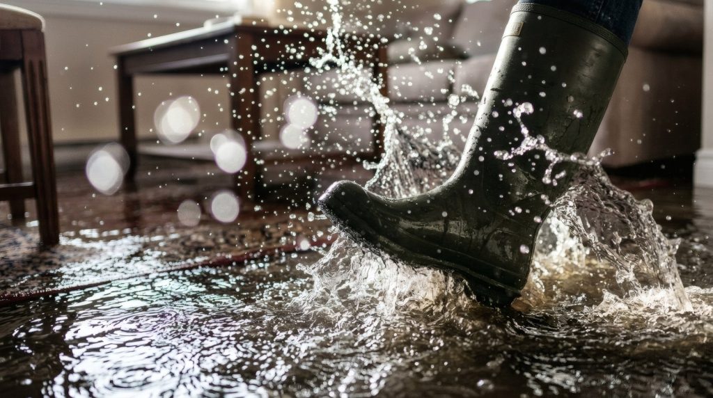 Cleanup worker walking through standing floodwater during an emergency response