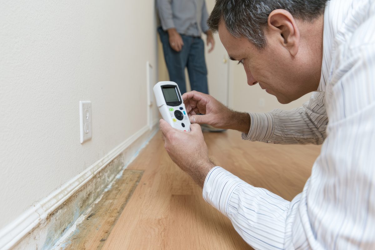 Adjuster inspecting a water-damaged baseboard with a moisture meter