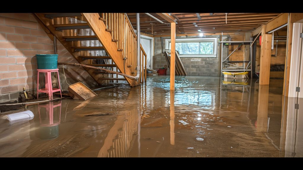 Flooded basement with damaged household belongings