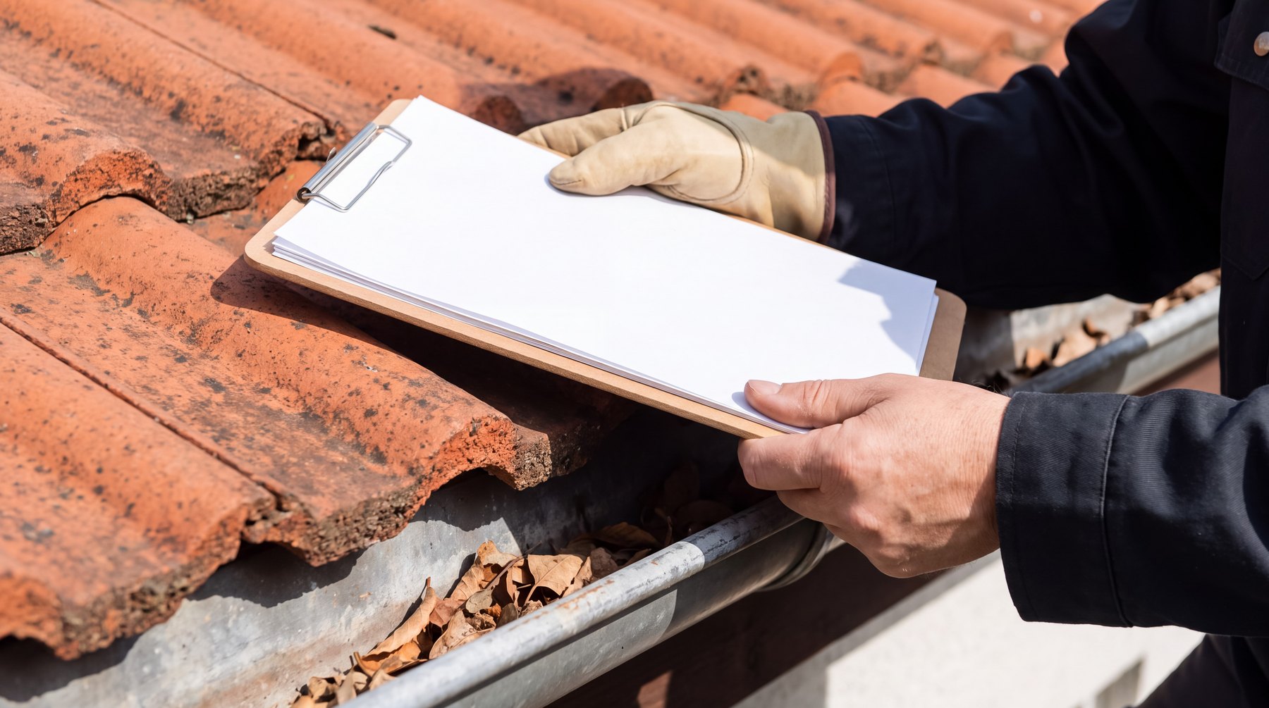 Home maintenance professional inspecting a roof gutter