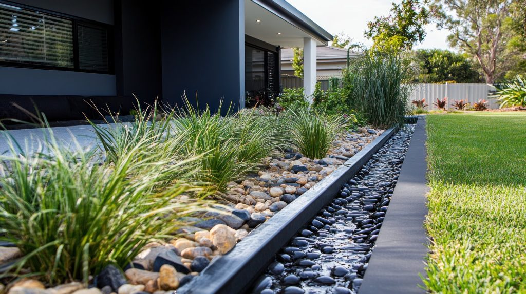 Residential landscaping with a backyard drainage channel