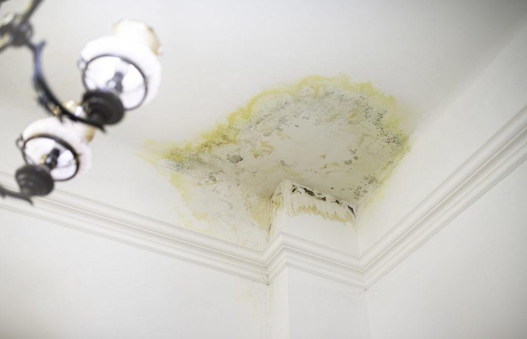Ceiling water damage caused by a leak from the floor above