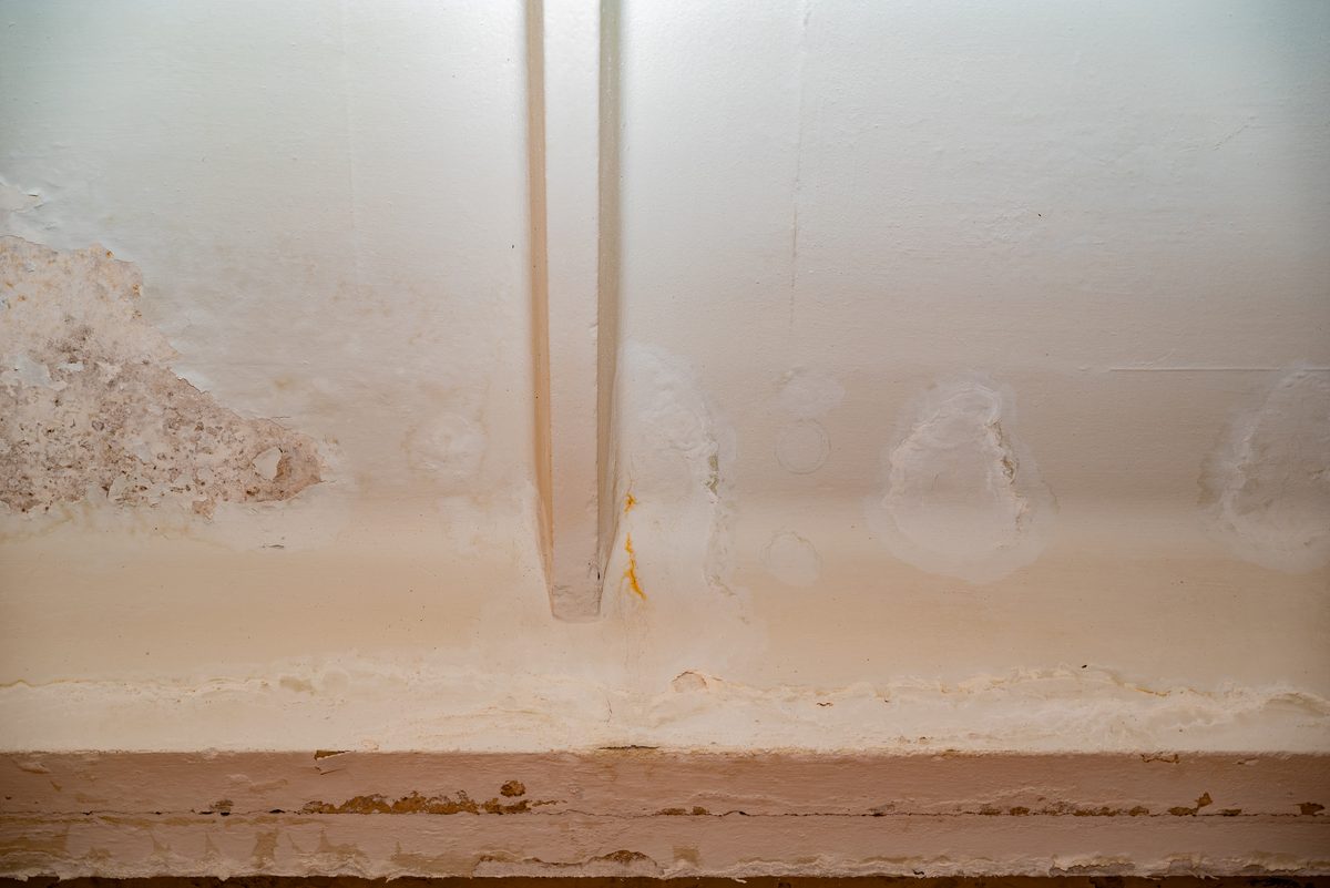 Peeling paint and mildew from water damage behind a wall