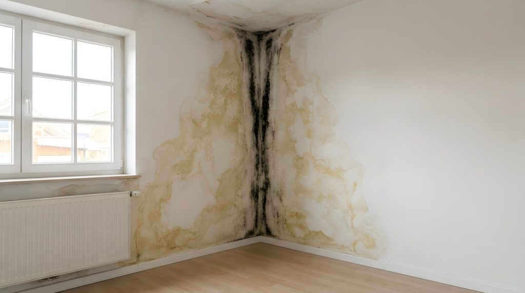 Black mold and water damage on an interior wall