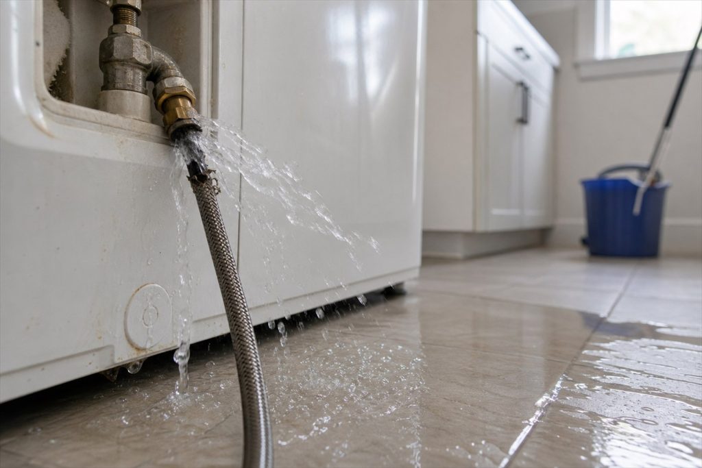 Water leaking from a washing machine hose onto a laundry room floor