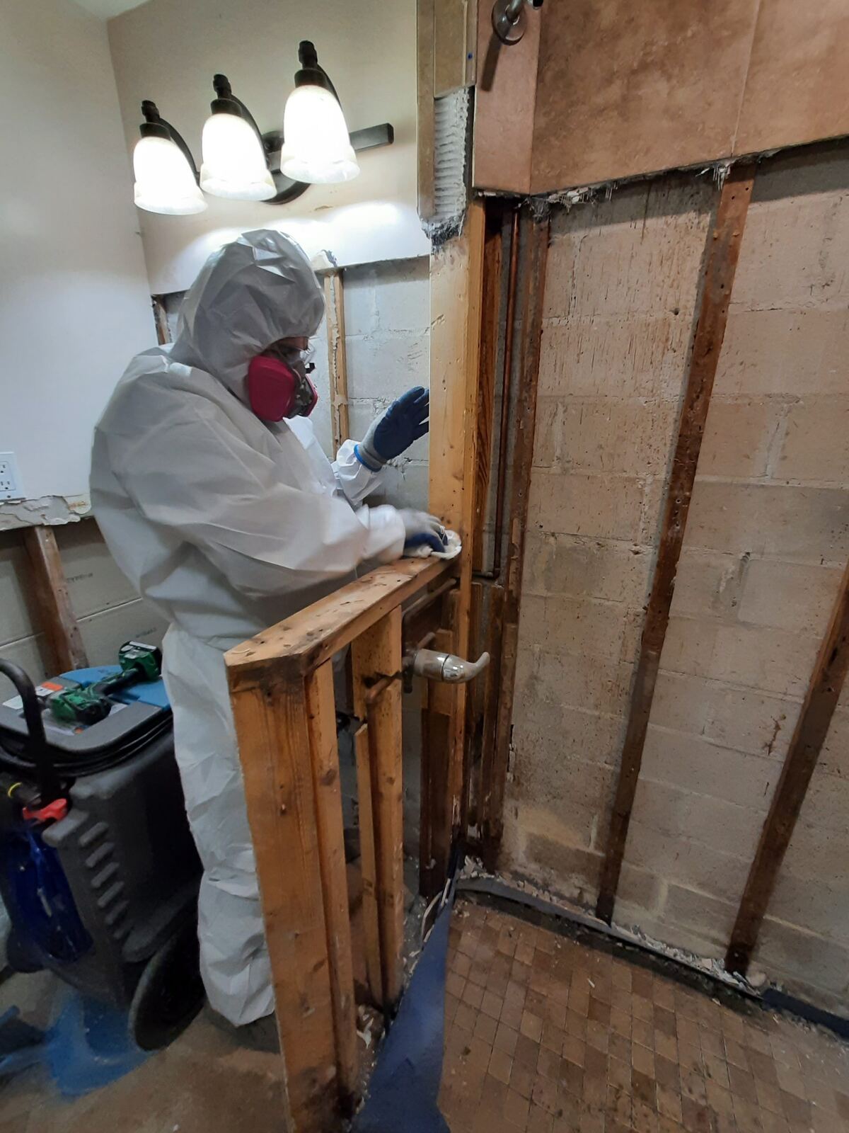 Technician cleaning exposed wall framing during mold remediation