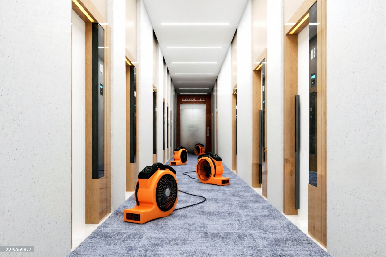 Air movers drying a commercial corridor after water damage in Orlando