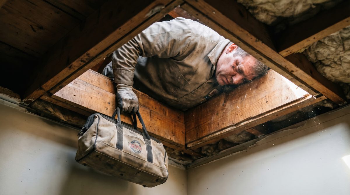 Restoration technician inspecting a water-damaged ceiling
