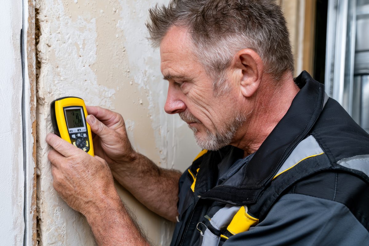 Technician using a moisture meter to inspect a wall