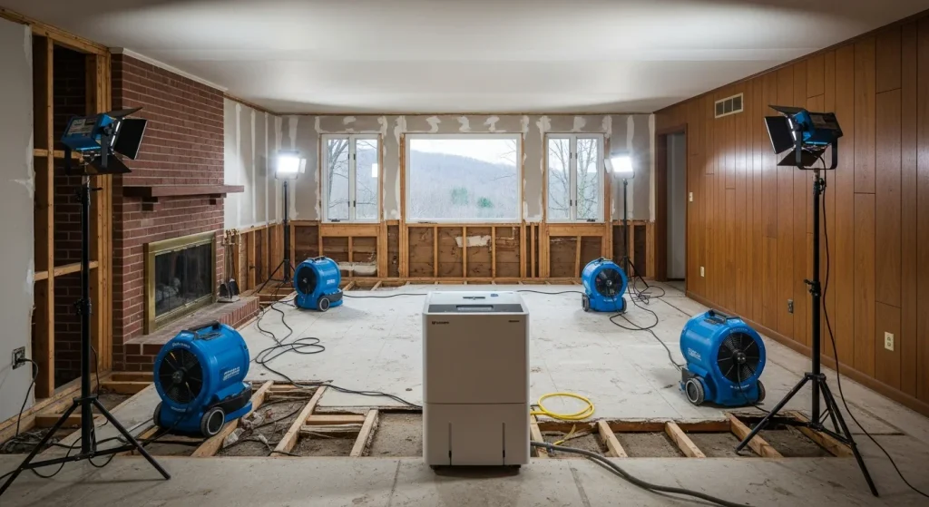 Drying equipment set up in a water-damaged home