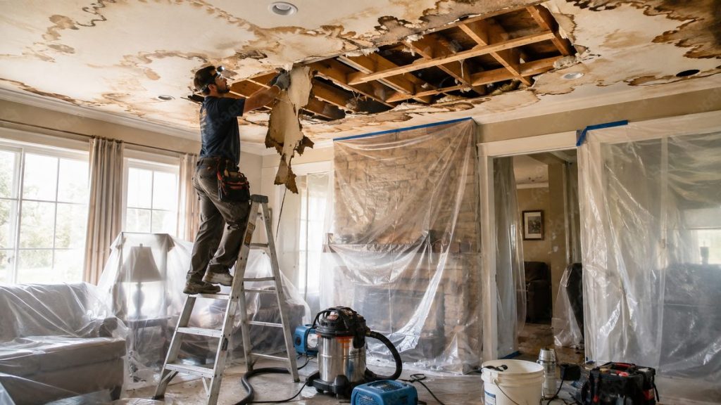 Technician repairing a water-damaged ceiling