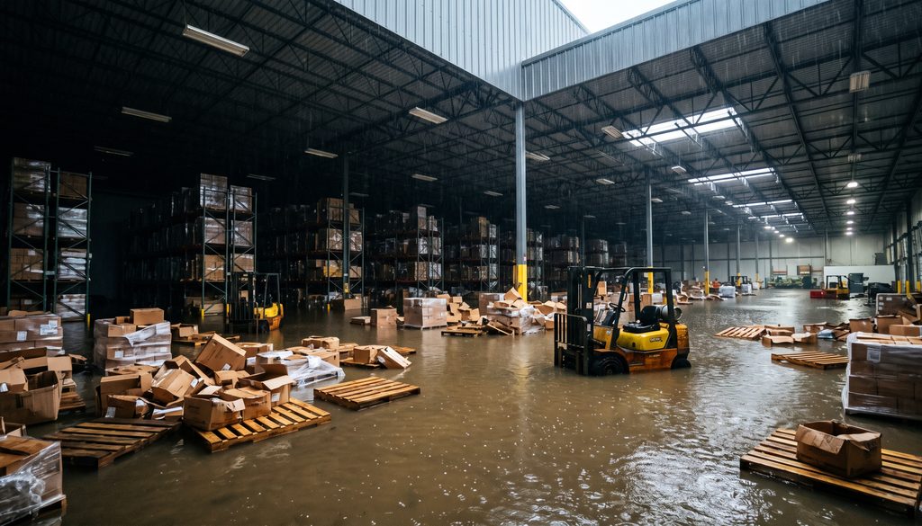 Low angle view along a flooded food production line with water reflections showing boxes and forklifts in a warehouse