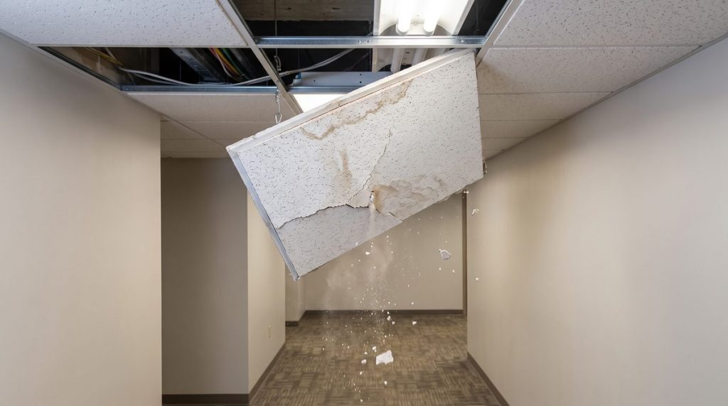 Water-damaged ceiling tile fallen in a commercial office